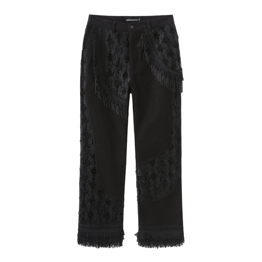 Angoisse Lace Paneled Fringe Black Jeans