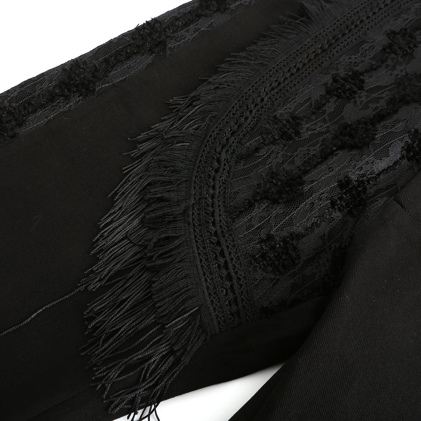 Angoisse Lace Paneled Fringe Black Jeans