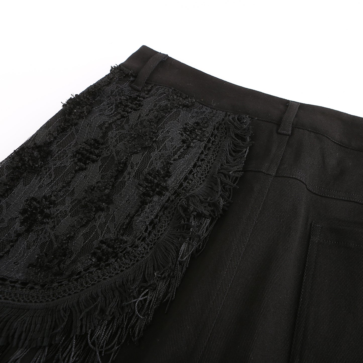 Angoisse Lace Paneled Fringe Black Jeans