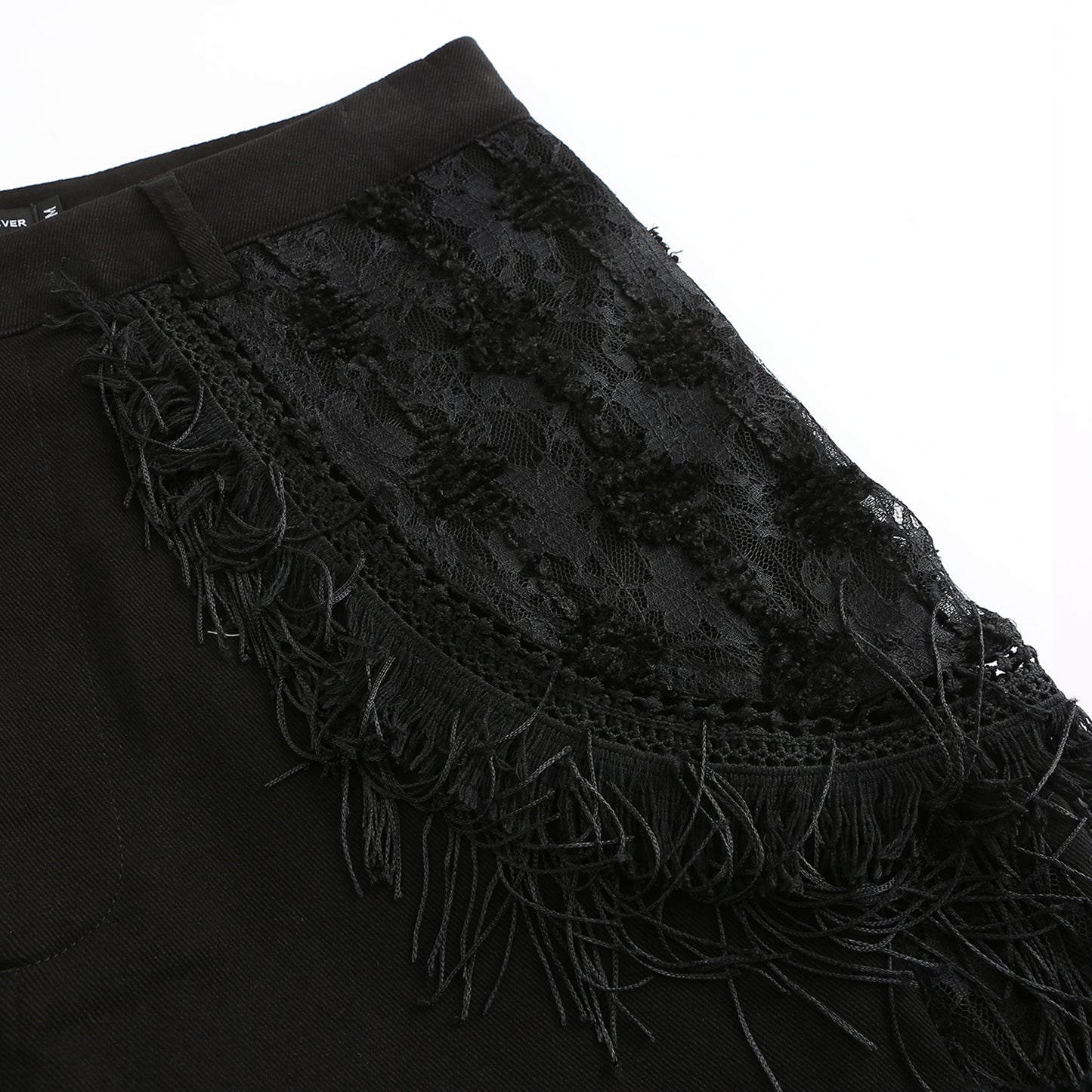 Angoisse Lace Paneled Fringe Black Jeans