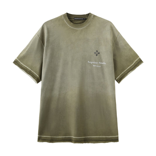 Angoisse Distressed Green & Faded Spray-Painted Metal Badge Tee